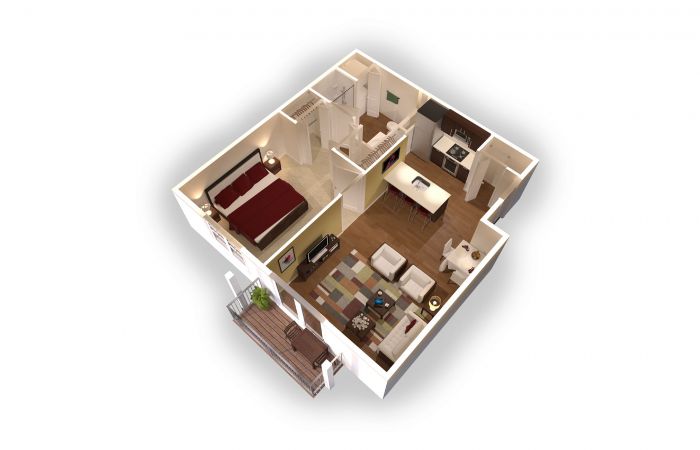 Deluxe Floor Plan 3D Model - 665 s.f.